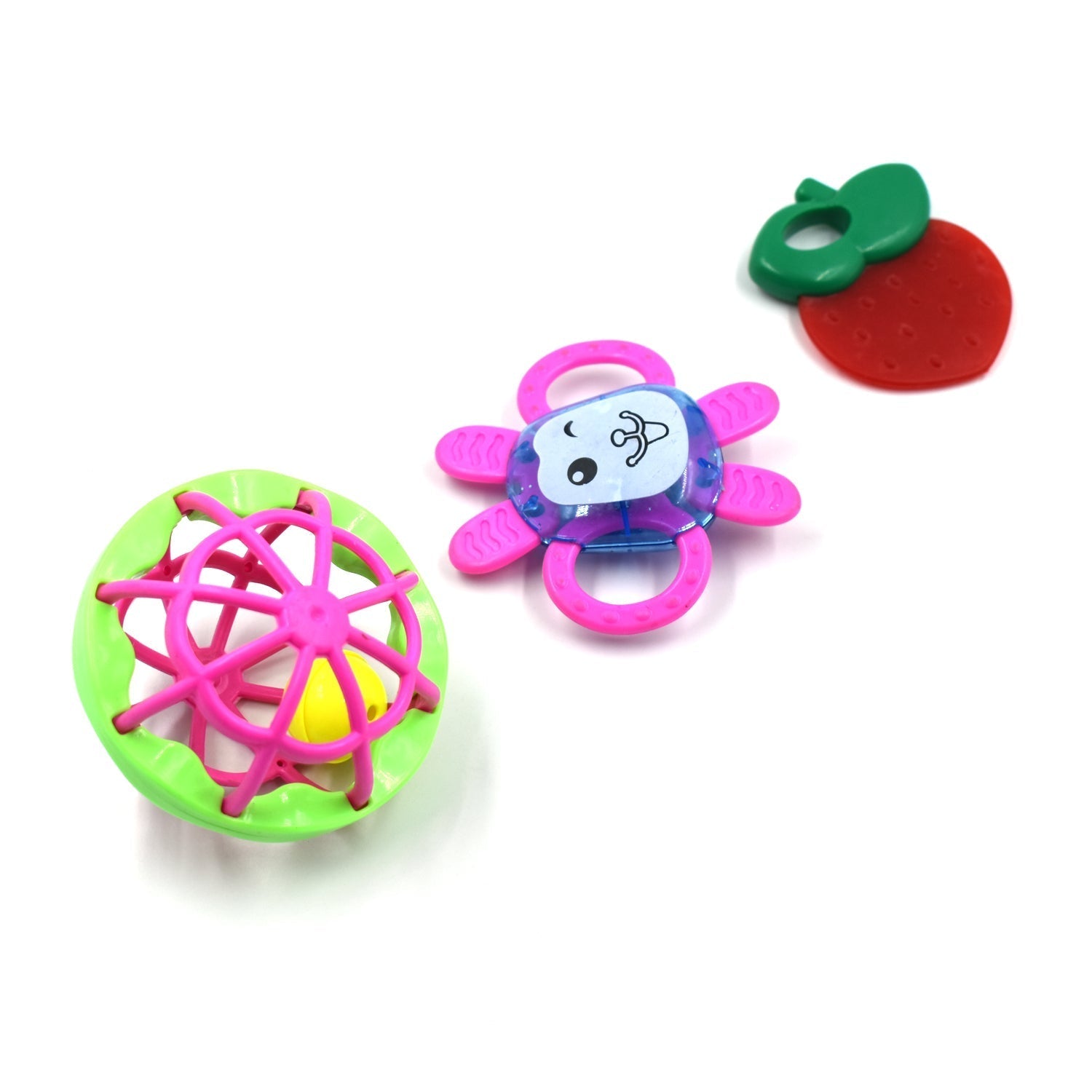Set of three colorful baby rattles designed for sensory play and development. Set of three colorful baby rattles designed for sensory play and development.